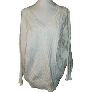 Seta T V Neck Cable Knit Sweater Cream Ivory Long Sleeve Pullover Cozy Size XL